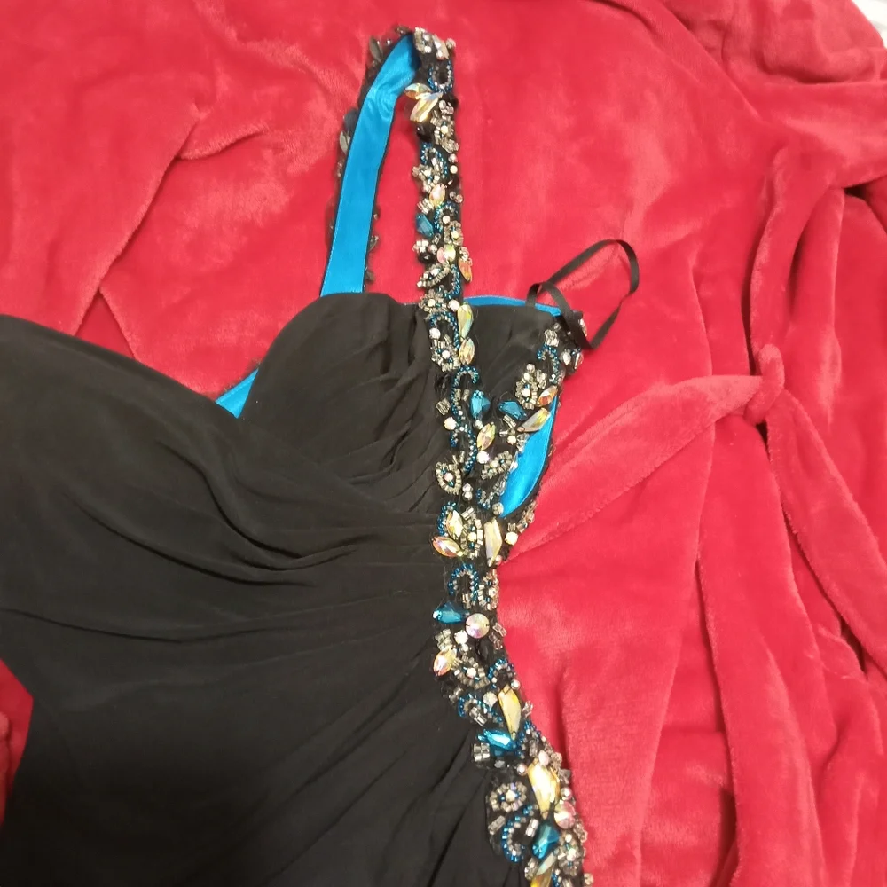 Women's Black & Royal Blue Beaded Jaoy Couture Floor Length Dress - Picture 11 of 16